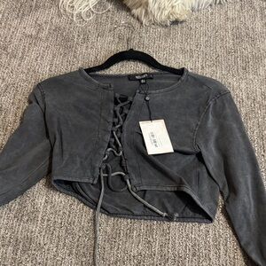 Charcoal Lace-Up Cropped Long Sleeve Top